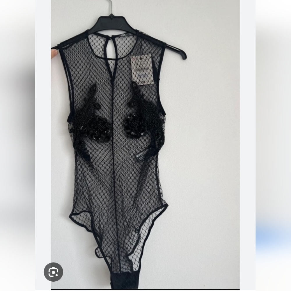 Zara Black Sheer Bodysuit with Sequin Detail Size Small - Picture 7 of 7